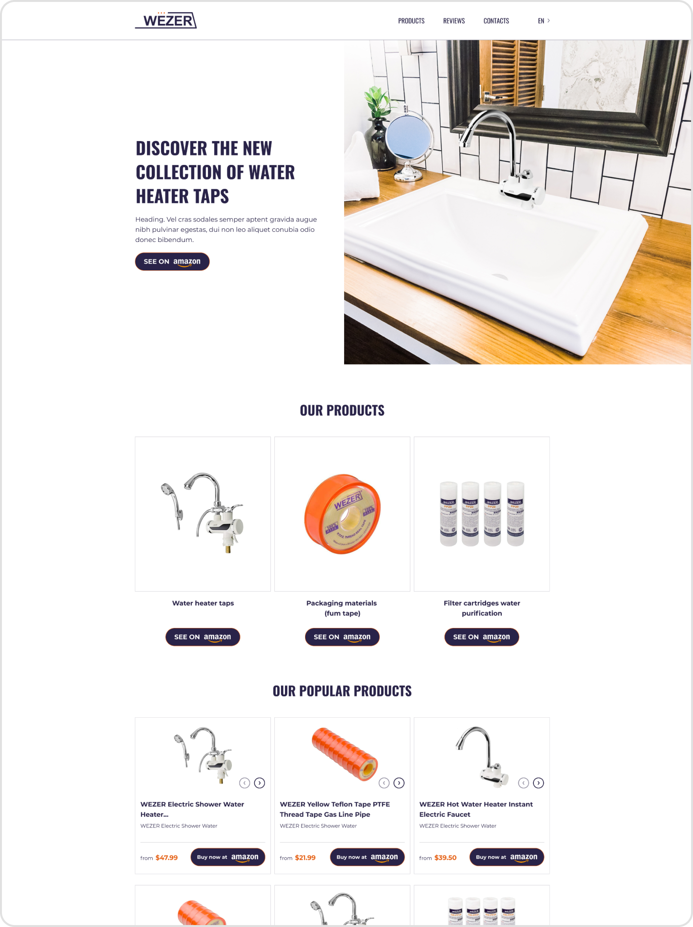 Landing Page для международного бренда сантехники с интеграцией Amazon, главная страница